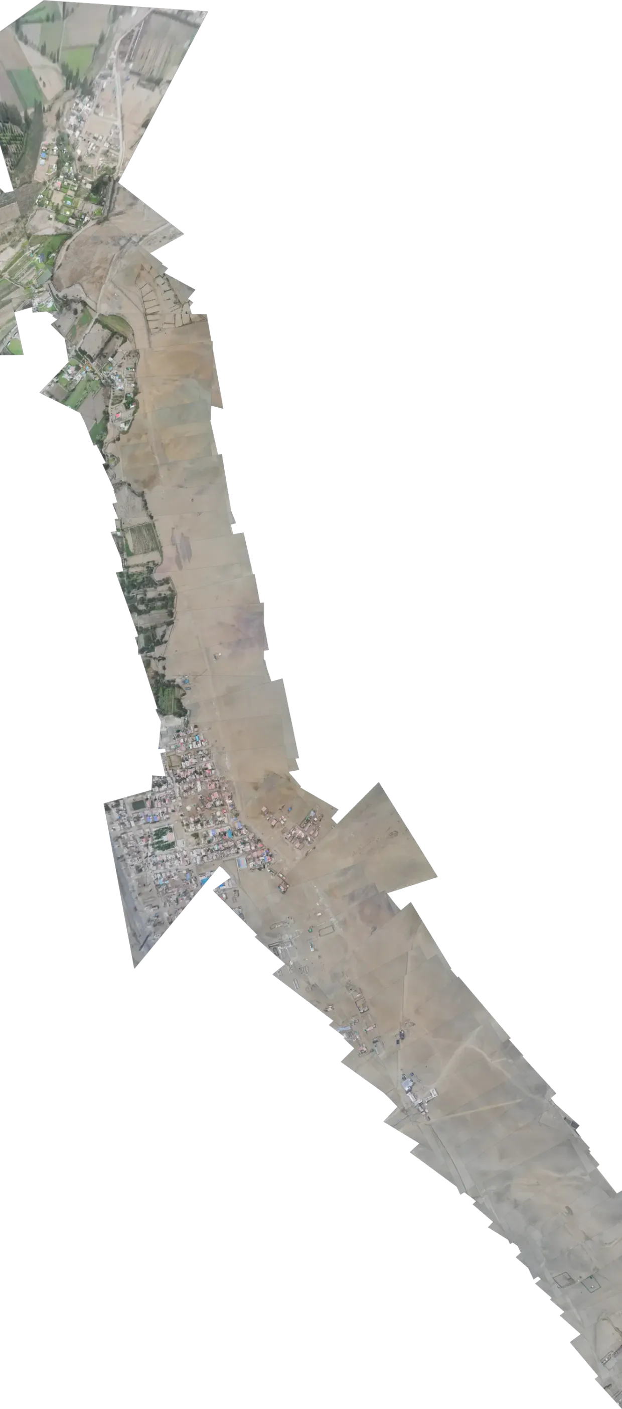 Mosaic of aerial photos from one flight along a corridor, emerging from the dark under the light