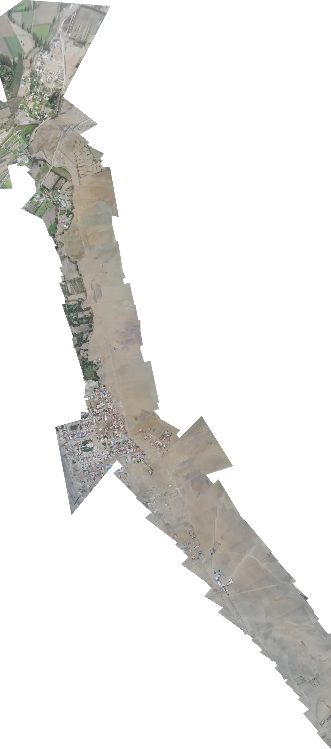 Vertical mosaic of aerial photos from one flight, emerging from the dark under the light