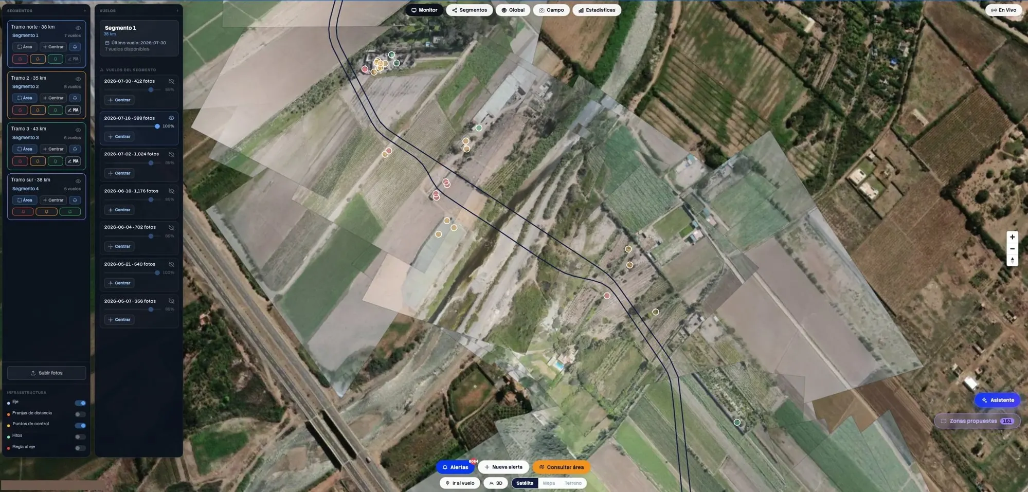 La mesa de trabajo de Aerial Fences: las fotos de un vuelo sobre el mapa, con paneles de vuelos y hallazgos