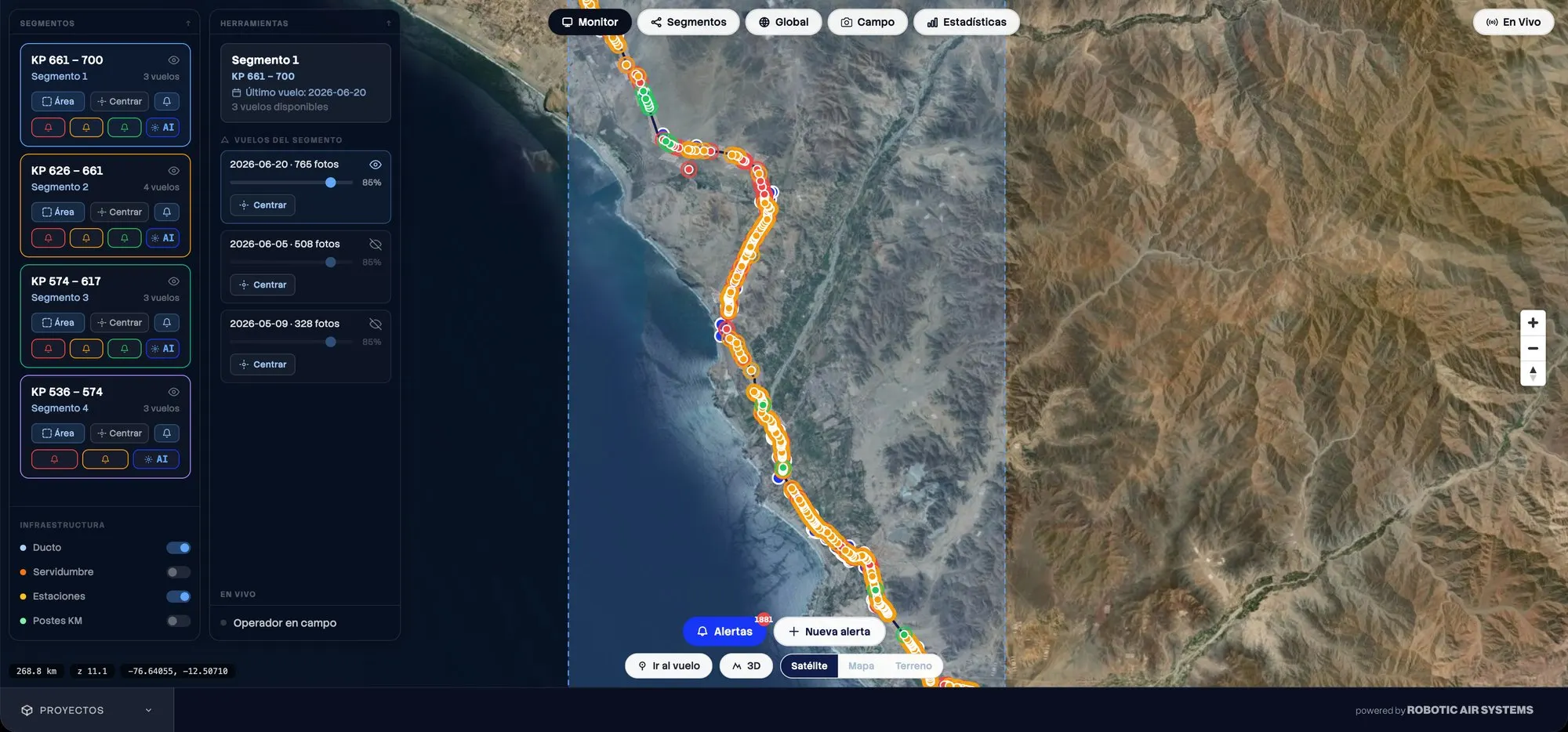 Aerial Fences viewer: satellite map of a corridor with marked findings, per-kilometre section panel and flight list by date