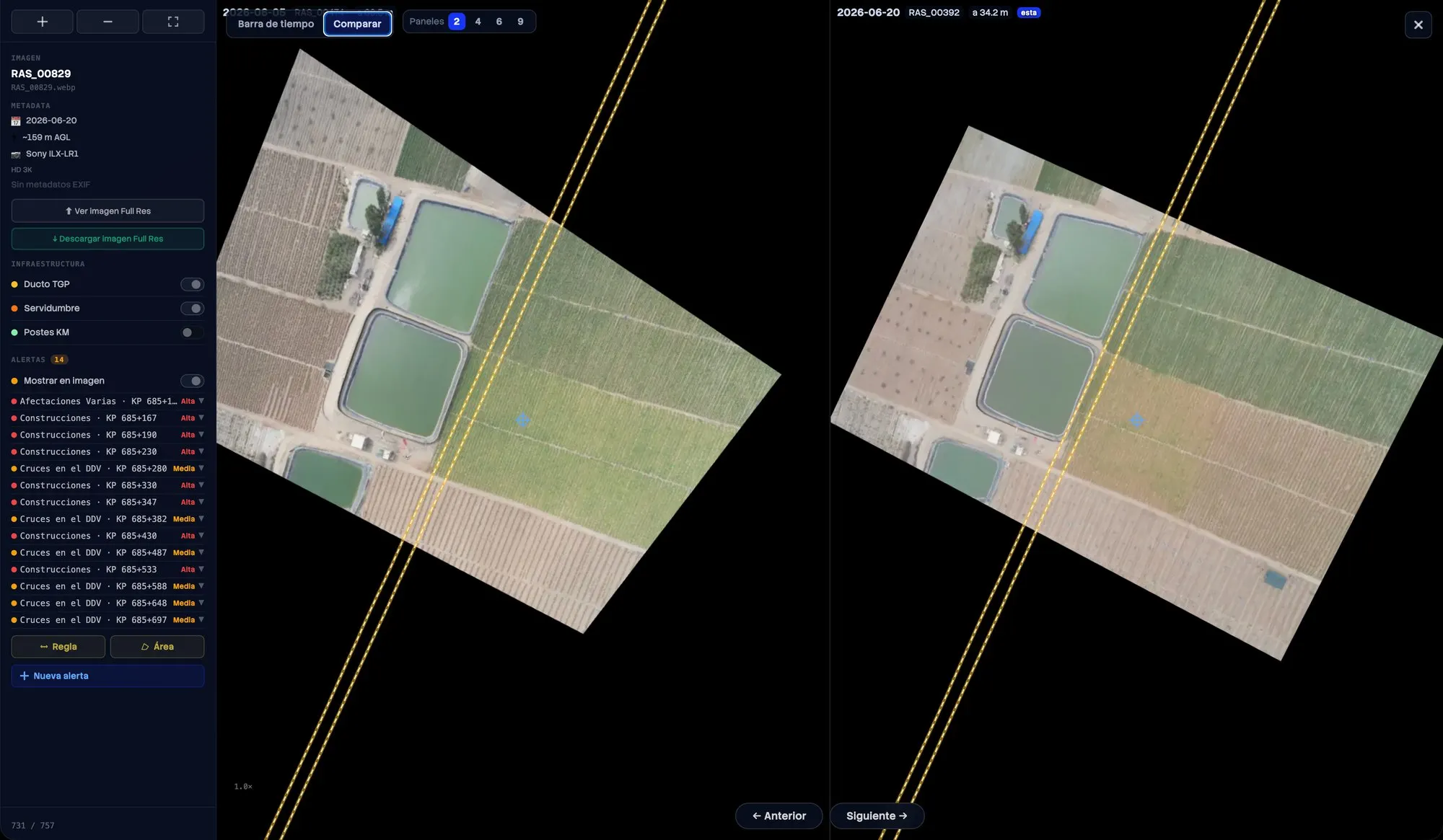 Two rectified images of the same ground on different dates, shown side by side over the map to compare changes