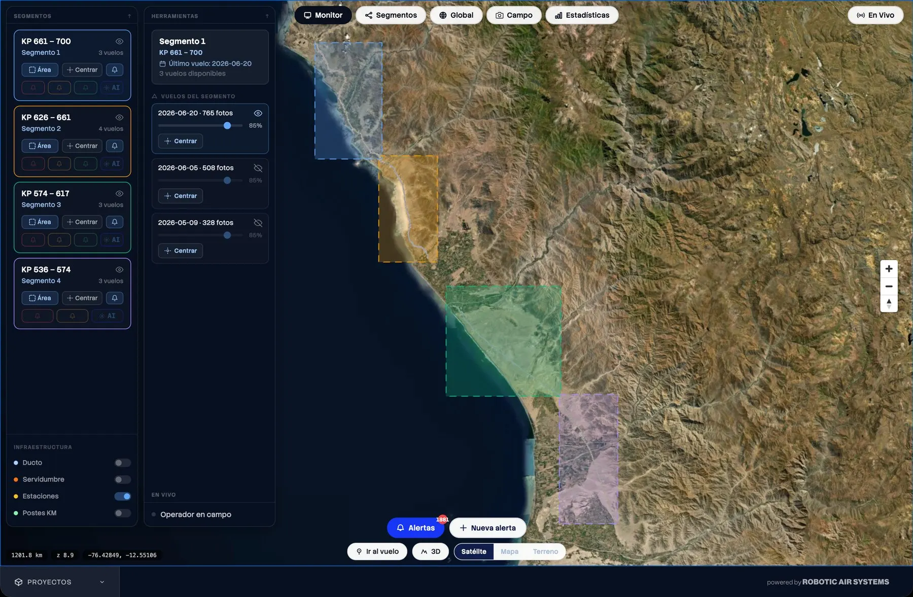 Viewer with the section panel open, toggleable infrastructure layers and each section's zone painted over the map